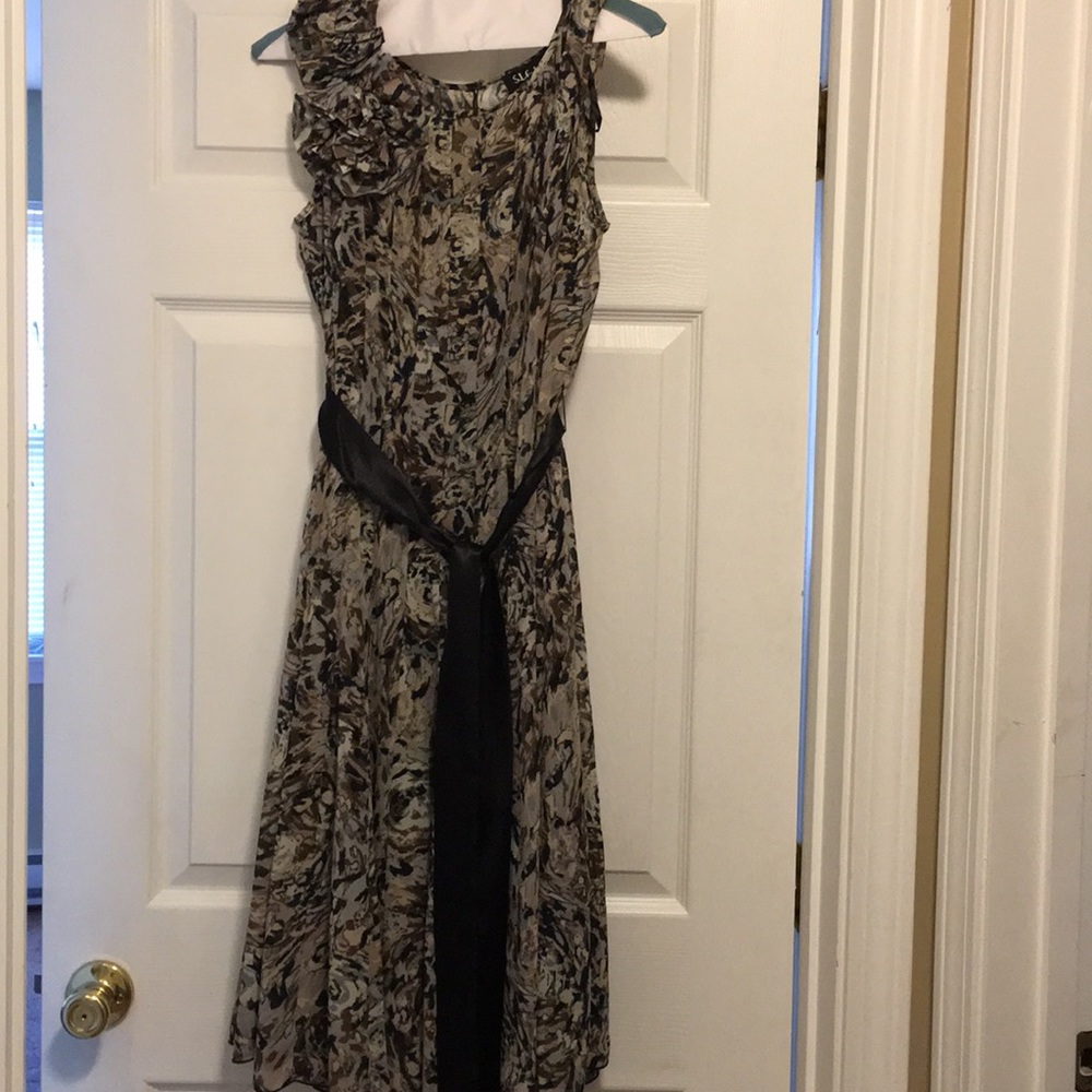 Muted blues and brown sleeveless dress